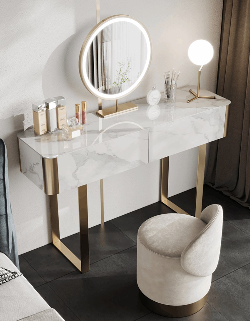 Modern Le Di Vita Dressing Table with Marble Finish, Round Mirror and Elegant Chair