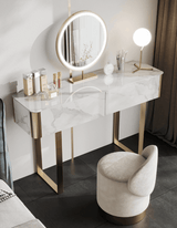 Modern Le Di Vita Dressing Table with Marble Finish, Round Mirror and Elegant Chair