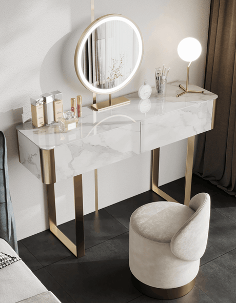 Modern Le Di Vita Dressing Table with Marble Finish, Round Mirror and Elegant Chair