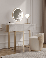 Le Di Vita Dressing Table with Round Mirror and Modern Lighting in White and Gold Finish