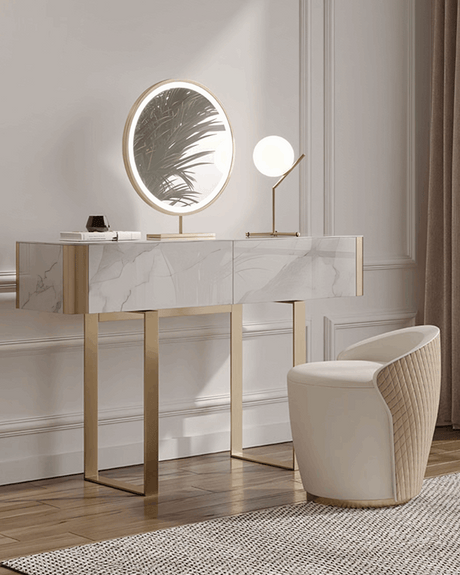 Le Di Vita Dressing Table with Round Mirror and Modern Lighting in White and Gold Finish