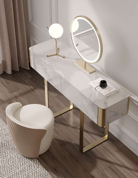 Le Di Vita Elegant Dressing Table with Marble Finish and Stylish Gold Legs, Featuring a Round Mirror