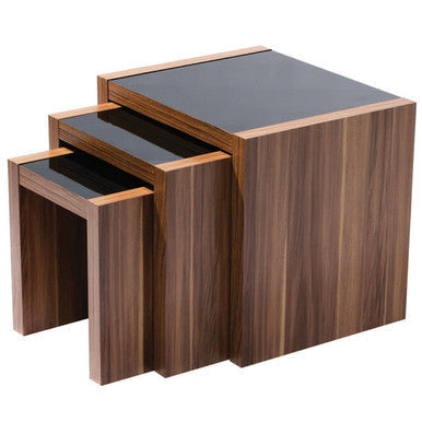 Stylish Orsina Nest of Tables in Walnut Finish with Black Glass Tops for Modern Living Spaces