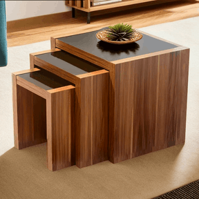 Orsina Nest of Tables in wood finish with a sleek design and black tabletops for modern living spaces