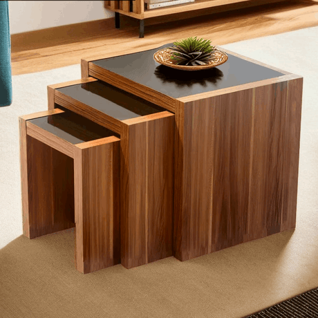 Orsina Nest of Tables in wood finish with a sleek design and black tabletops for modern living spaces
