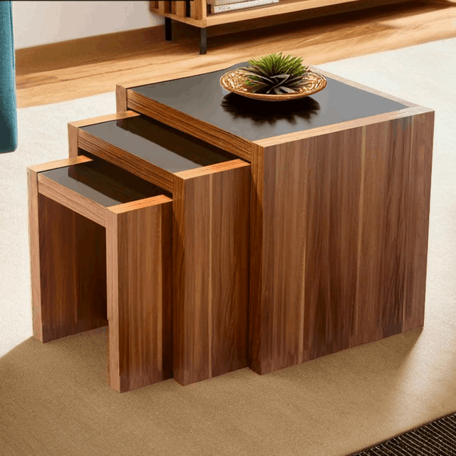 Orsina Nest of Tables in wood finish with a sleek design and black tabletops for modern living spaces