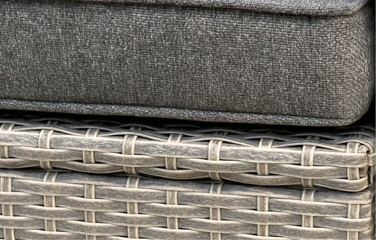 Close-up of MINT Outdoor Garden Chaise Lounge with cushioned seat and woven detailing