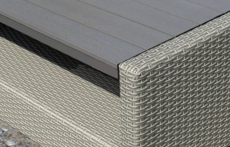 MINT Outdoor Garden Chaise Lounge featuring a stylish woven design and durable tabletop