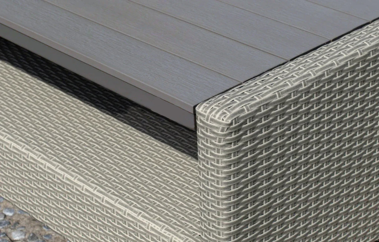 MINT Outdoor Garden Chaise Lounge featuring a stylish woven design and durable tabletop