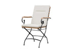 MINT Outdoor Garden Dining Set chair with cushioned seat and wooden armrests for comfort