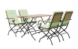 MINT Outdoor Garden Dining Set with Four Green Cushioned Chairs and a Brown Table for Outdoor Gatherings