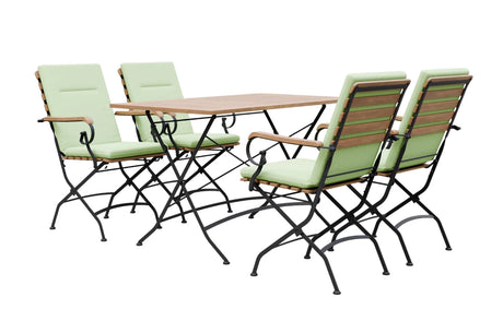 MINT Outdoor Garden Dining Set with Four Green Cushioned Chairs and a Brown Table for Outdoor Gatherings