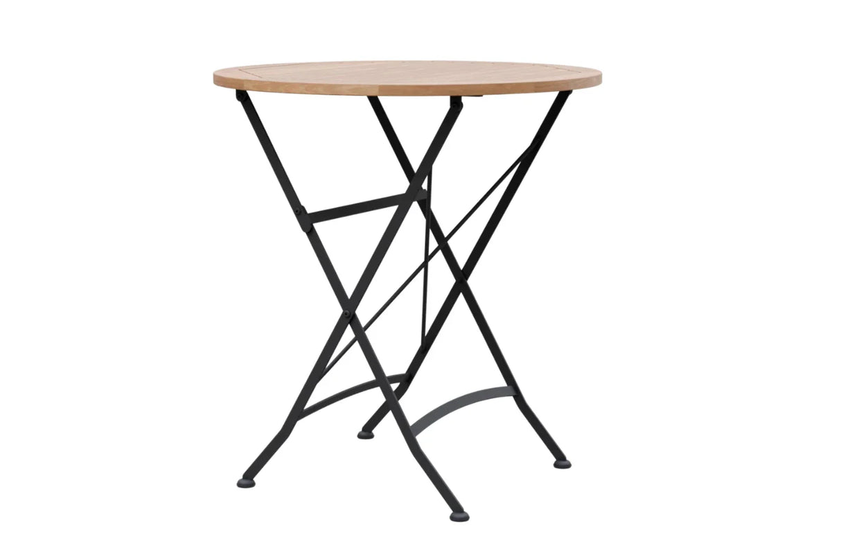 MINT Outdoor Round Garden Dining Set Table with a Natural Wood Top and Black Metal Frame