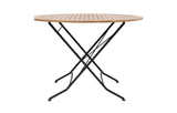 MINT Outdoor Garden Dining Set featuring a round wooden table with a sturdy black metal base
