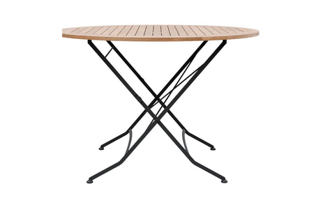 MINT Outdoor Garden Dining Set featuring a round wooden table with a sturdy black metal base