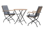 MINT Outdoor Garden Dining Set with two folding chairs and a round wooden table for outdoor dining