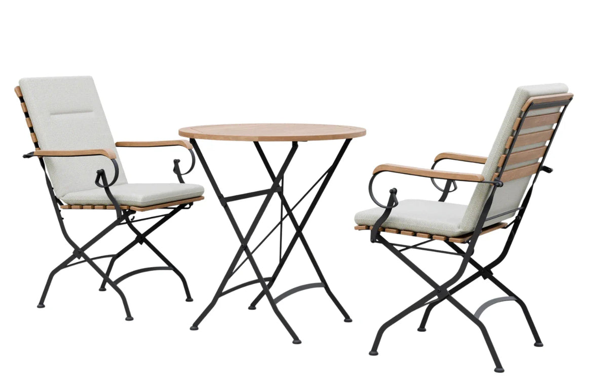 MINT Outdoor Garden Dining Set with two folding chairs and a round table, perfect for outdoor dining