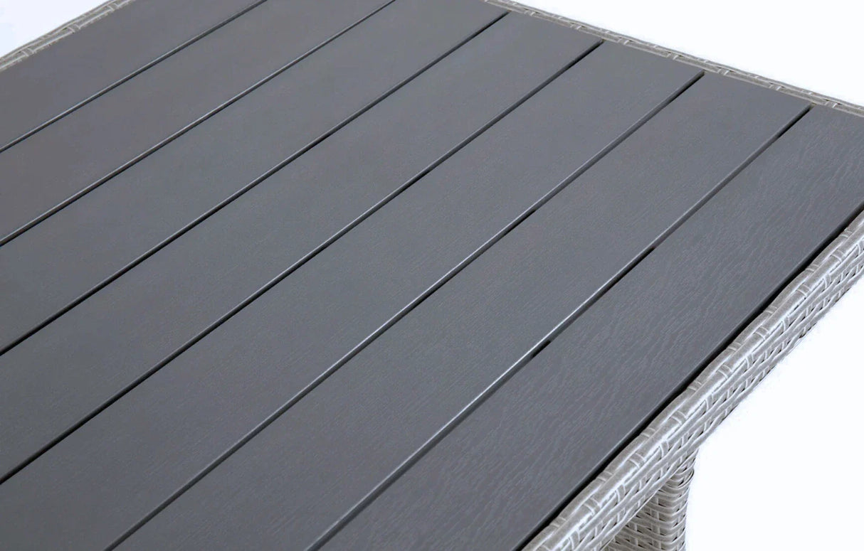 MINT Outdoor Dining and Lounge Set featuring a stylish slatted tabletop in grey finish