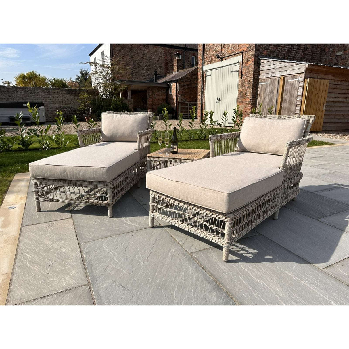 Provence Collection Outdoor Sun Lounger Set BEIGE METAL Shades 4 Seasons