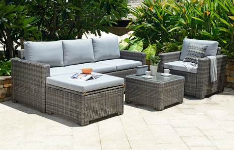 MINT Outdoor Garden Lounge Set with grey cushions and wicker finish, perfect for outdoor relaxation