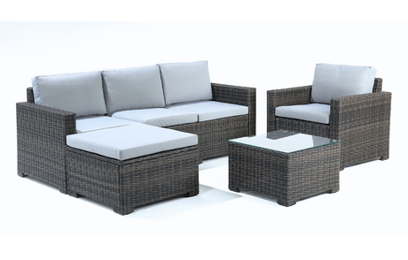 MINT Outdoor Garden Lounge Set featuring stylish grey cushions and a glass-top coffee table