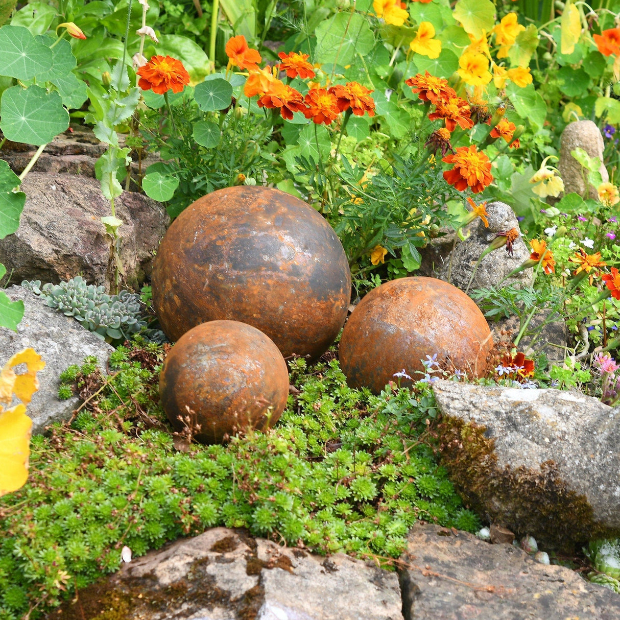 Three rustic Garden Metal Balls among vibrant flowers and lush greenery in a garden setting