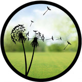 Decorative Garden Mirror featuring dandelion silhouette design against a serene garden background