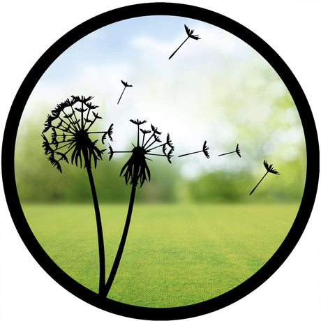 Decorative Garden Mirror featuring dandelion silhouette design against a serene garden background
