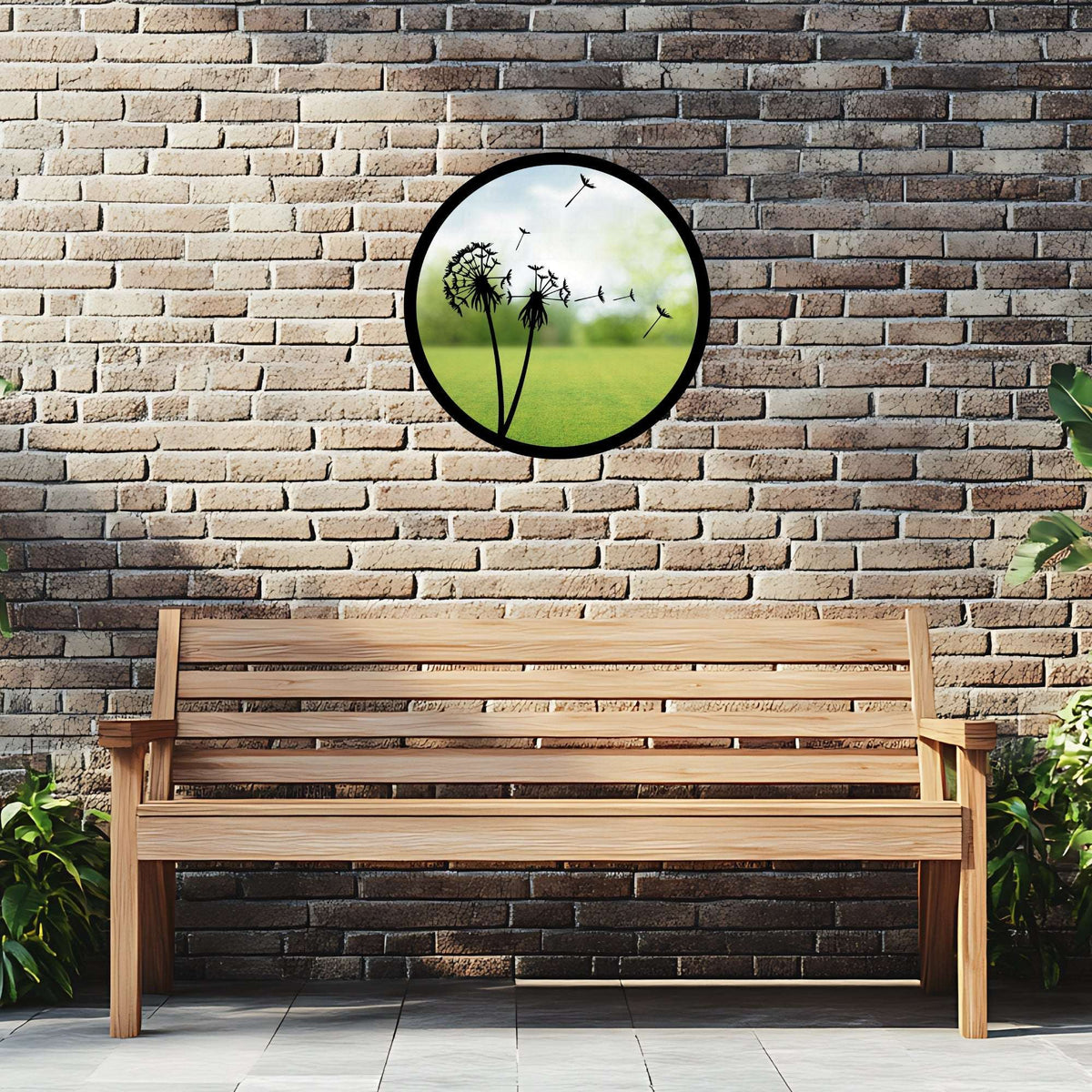SunCatcher-UK Garden Mirror with a Round Design Featuring Dandelions and a Green Background