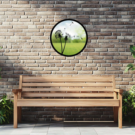 SunCatcher-UK Garden Mirror with a Round Design Featuring Dandelions and a Green Background