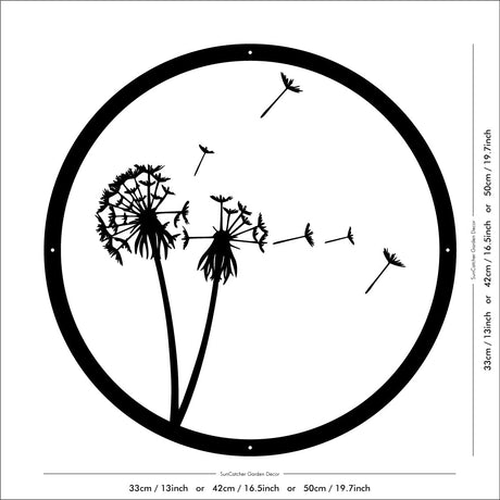 SunCatcher-UK Garden Mirror featuring a decorative dandelion silhouette design