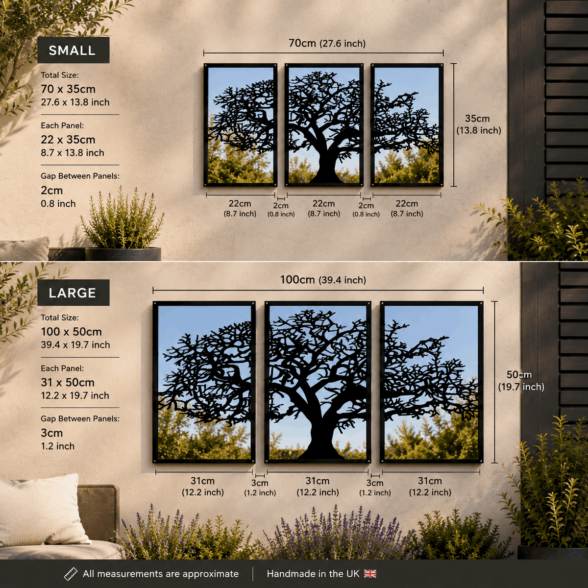 SunCatcher-UK Garden Mirror in small and large sizes with tree silhouette design on a wall