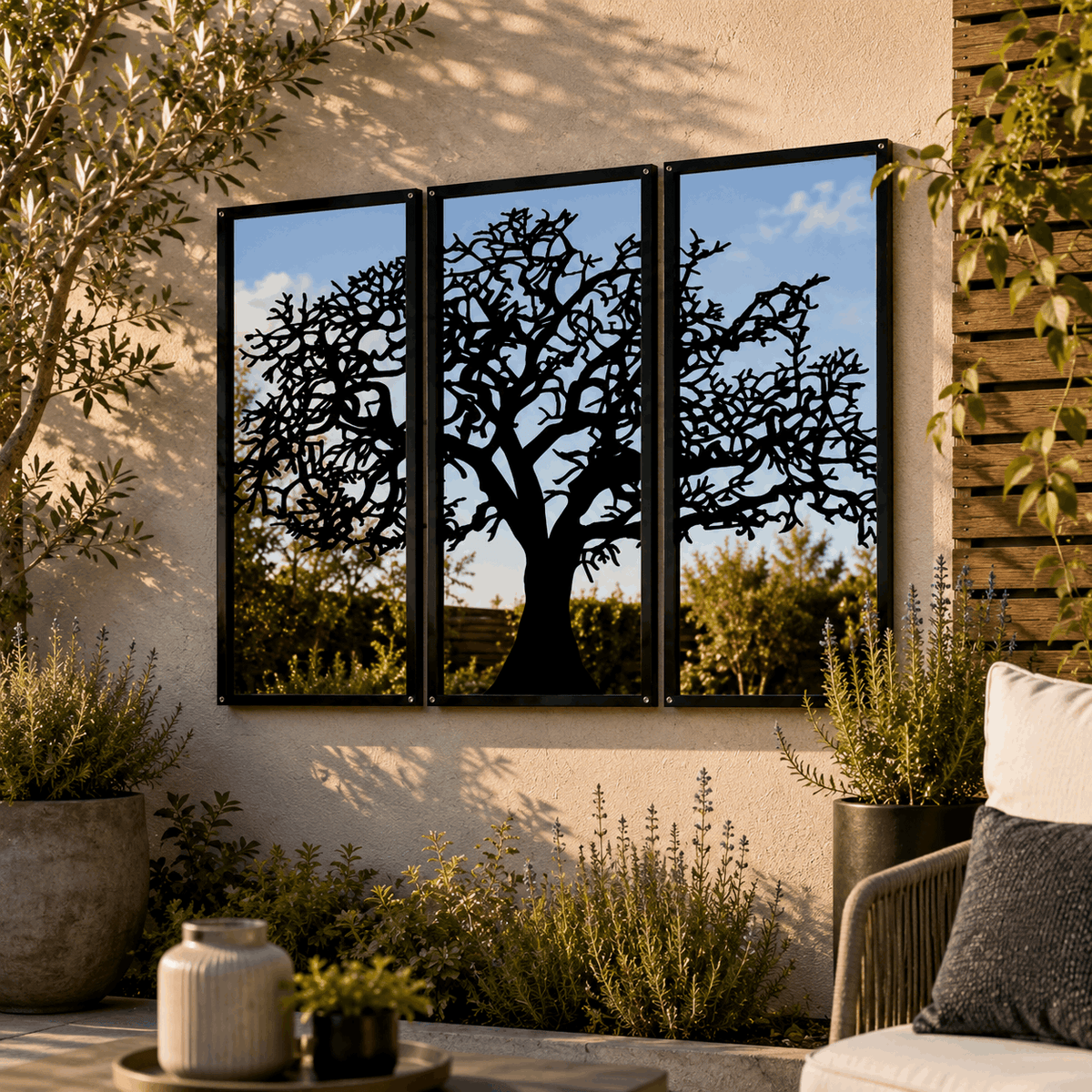 SunCatcher-UK Garden Mirror featuring a tree silhouette design for enhancing outdoor spaces