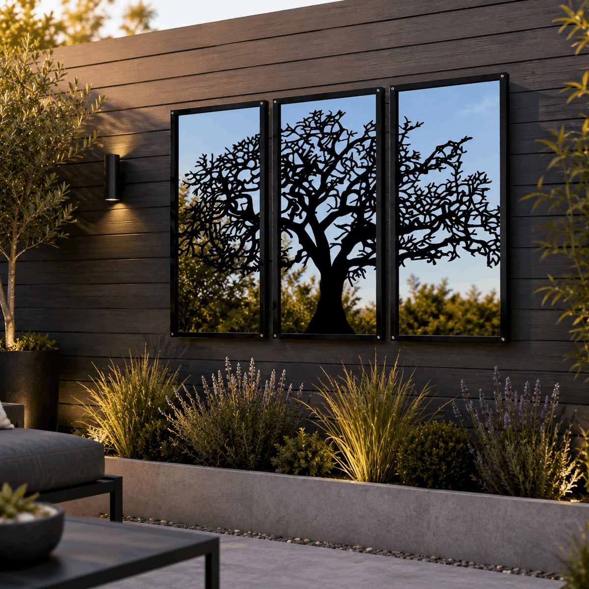 Stylish Garden Mirror featuring a tree design, enhancing outdoor spaces with reflections