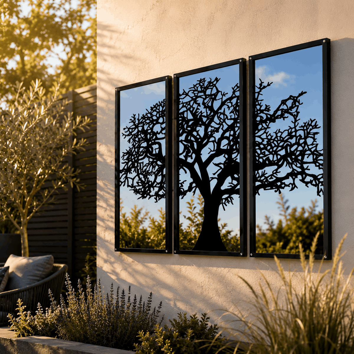 SunCatcher-UK Garden Mirror with a tree silhouette design, perfect for enhancing outdoor spaces