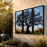 SunCatcher-UK Garden Mirror with a tree silhouette design, perfect for enhancing outdoor spaces