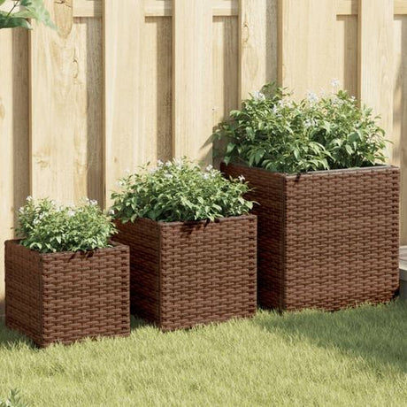 vidaXL Garden Planters 3 pcs Black Poly Rattan brown vidaXL