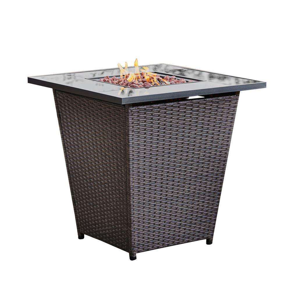 Garden Rattan Gas Fire Pit, Outdoor Firepit with Lava Rock Teamson Home