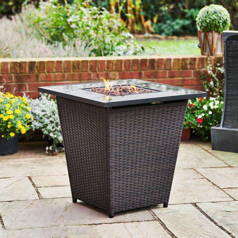 Garden Rattan Gas Fire Pit, Outdoor Firepit with Lava Rock Teamson Home