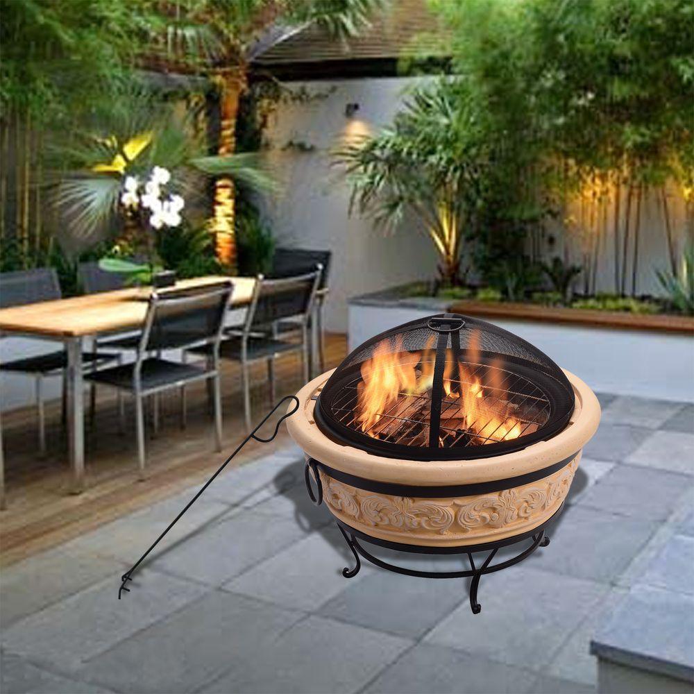 Garden Round Wood Burning Fire Pit, Outdoor Log Burner Firepit Teamson Home