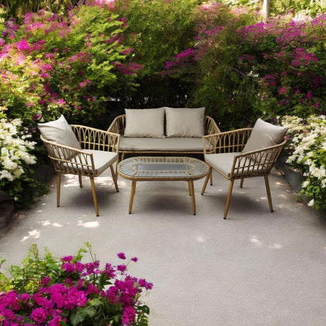 MSL Garden Set featuring a stylish seating arrangement with cushions beside vibrant flowers