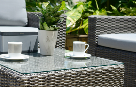 Stylish MINT Outdoor Garden Sofa Set with Grey Cushions and Glass-Top Coffee Table