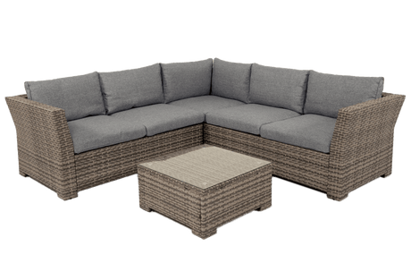 MINT Outdoor Garden Sofa Set in Grey with Comfortable Cushions and Matching Glass Coffee Table