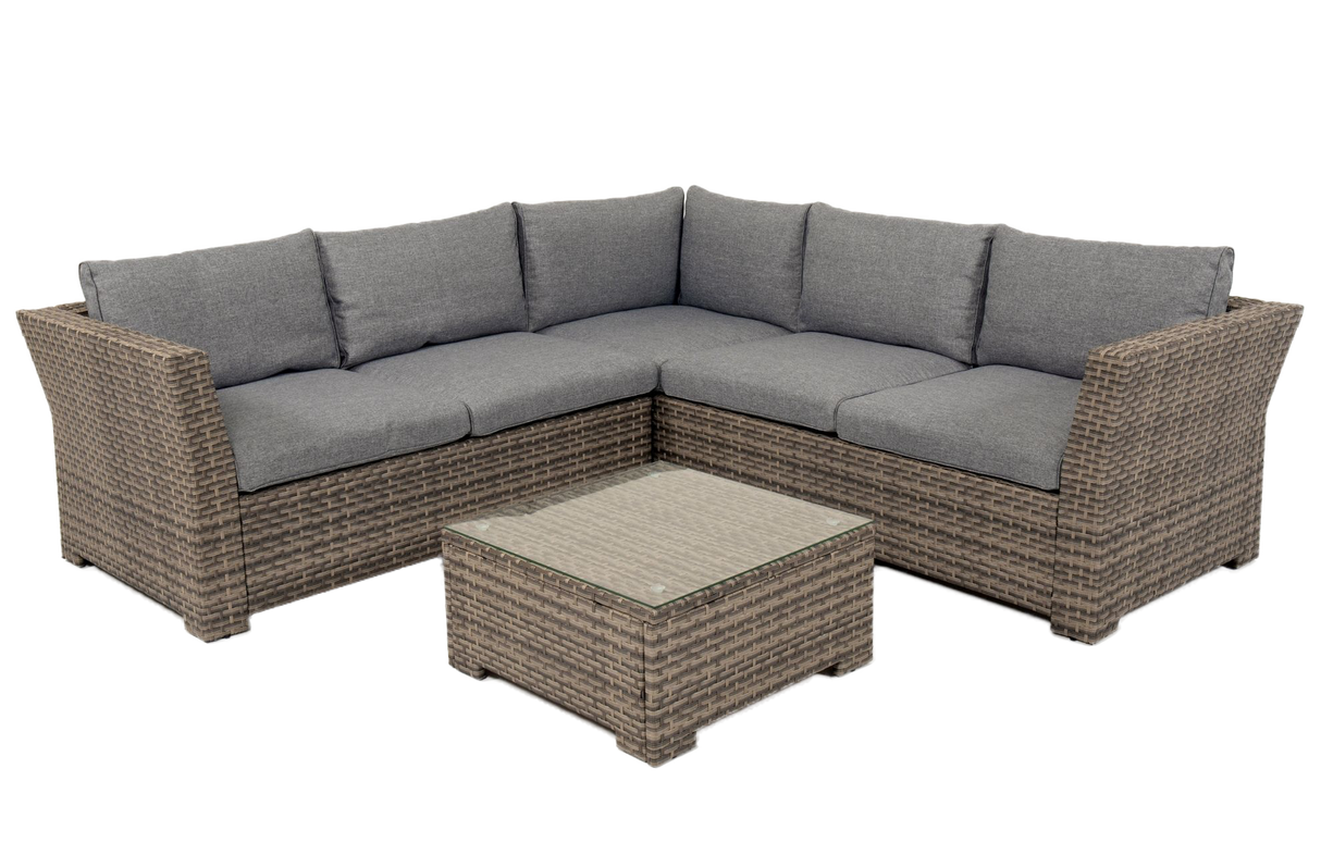 MINT Outdoor Garden Sofa Set in Grey with Comfortable Cushions and Matching Glass Coffee Table