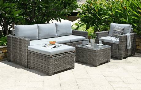 MINT Outdoor Garden Sofa Set with grey cushions and a modern wicker design for outdoor relaxation
