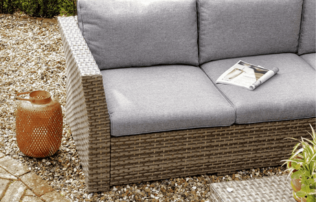 MINT Outdoor Garden Sofa Set with grey cushions and woven rattan detailing, perfect for outdoor relaxation