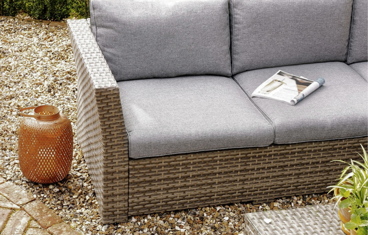 MINT Outdoor Garden Sofa Set with grey cushions and woven rattan detailing, perfect for outdoor relaxation