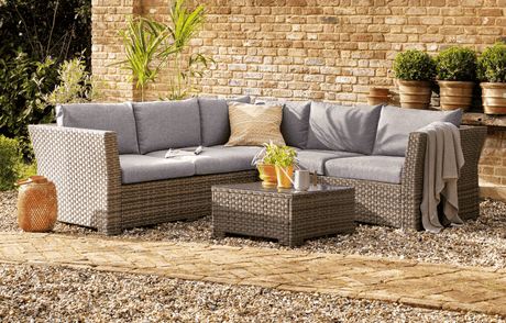 MINT Outdoor Garden Sofa Set with Grey Cushions and Rattan Weave, perfect for patios and gardens