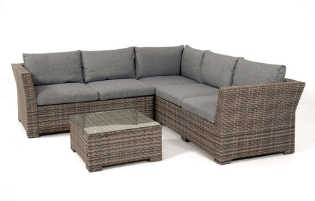 MINT Outdoor Garden Sofa Set in stylish grey with comfortable cushions and a matching glass-topped table