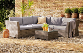MINT Outdoor Garden Sofa Set with Grey Cushions and Rattan Weave, perfect for patios and gardens